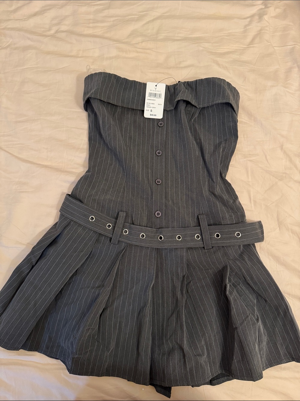 Windsor Charcoal Pinstripe Strapless Belted Dress